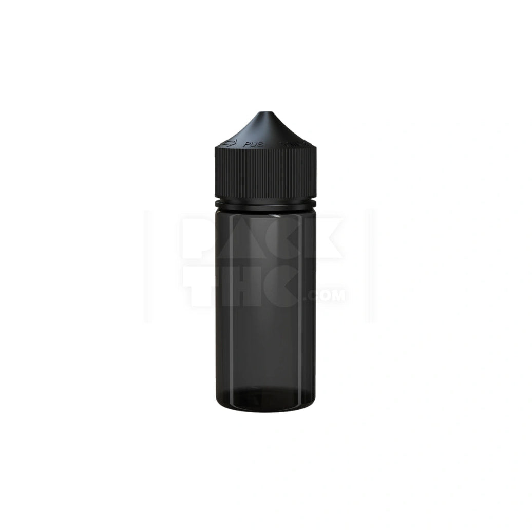 75ML MINI PET UNICORN BOTTLE WITH TAMPER EVIDENT BREAK-OFF BAND (TRANSLUCENT BLACK BOTTLE WITH OPAQUE BLACK CLOSURE) - (400 count) Pack THC