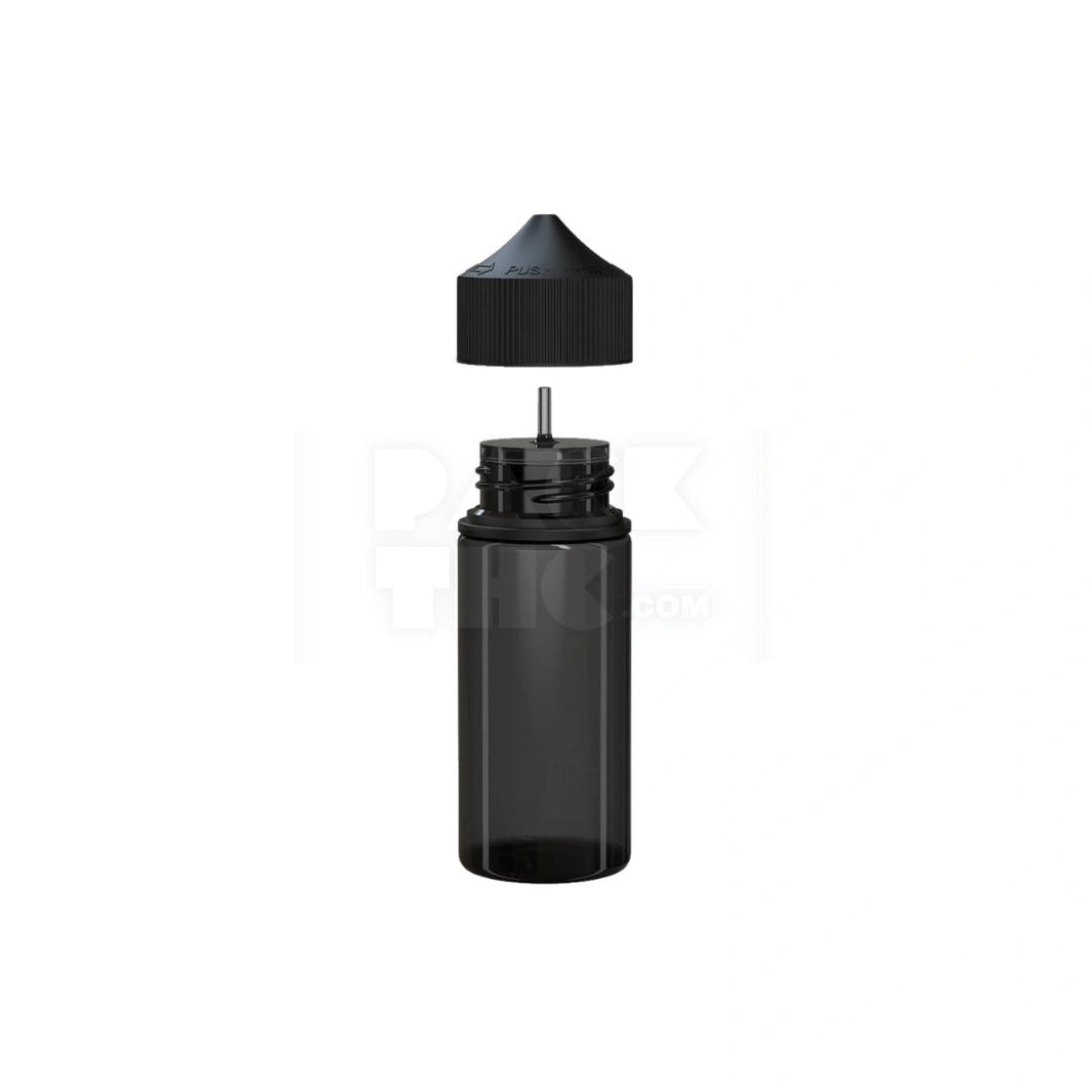 image 75ML MINI PET UNICORN BOTTLE WITH TAMPER EVIDENT BREAK-OFF BAND (TRANSLUCENT BLACK BOTTLE WITH OPAQUE BLACK CLOSURE) - (400 count) Pack THC