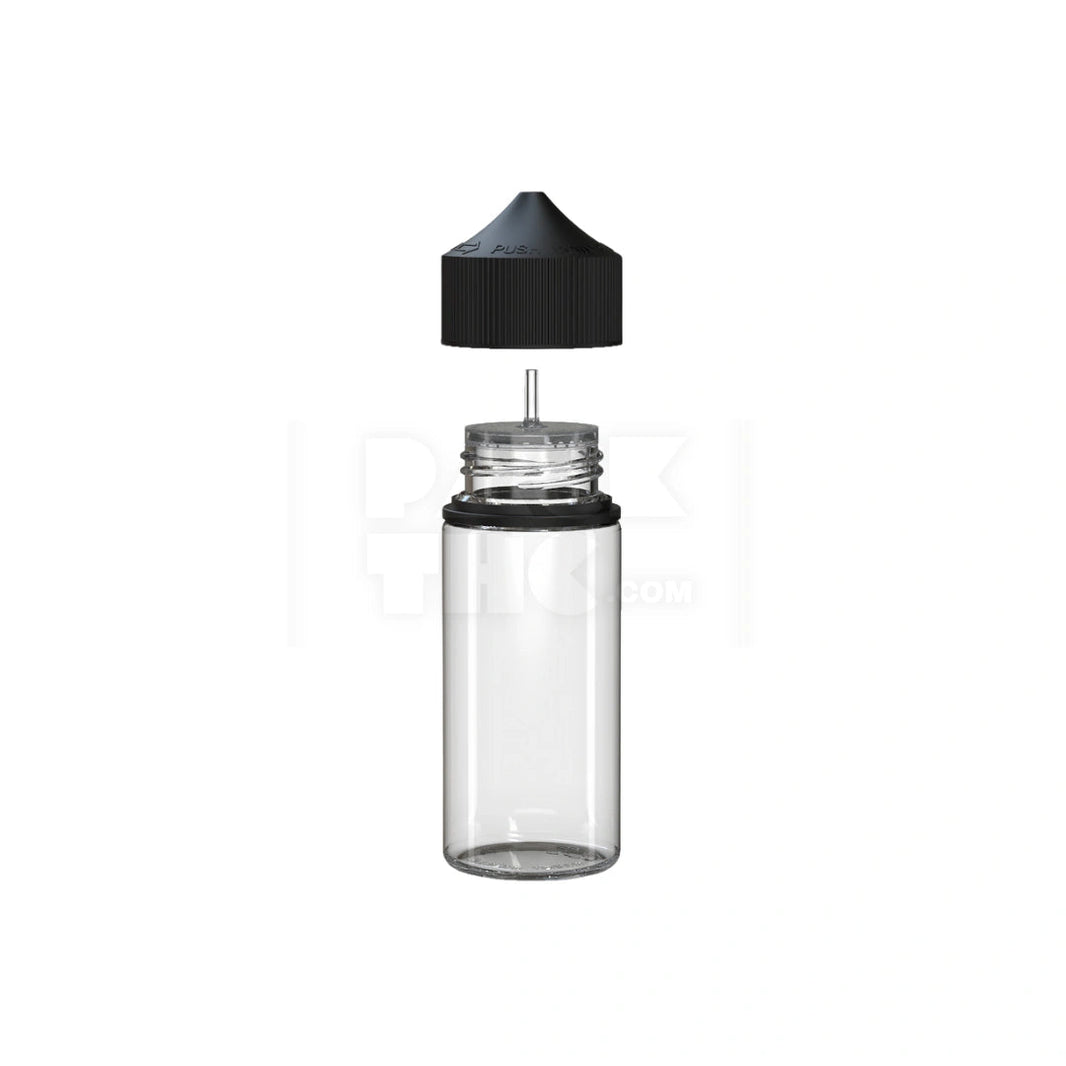 image 75ML MINI PET UNICORN BOTTLE WITH TAMPER EVIDENT BREAK-OFF BAND (CLEAR NATURAL BOTTLE WITH OPAQUE BLACK CLOSURE) - (400 count) Pack THC