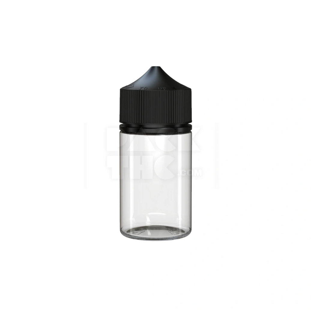 75ML STUBBY PET UNICORN BOTTLE WITH CR & TAMPER EVIDENT BREAK-OFF BAND (CLEAR NATURAL BOTTLE WITH OPAQUE BLACK CLOSURE) - (500 count) Pack THC
