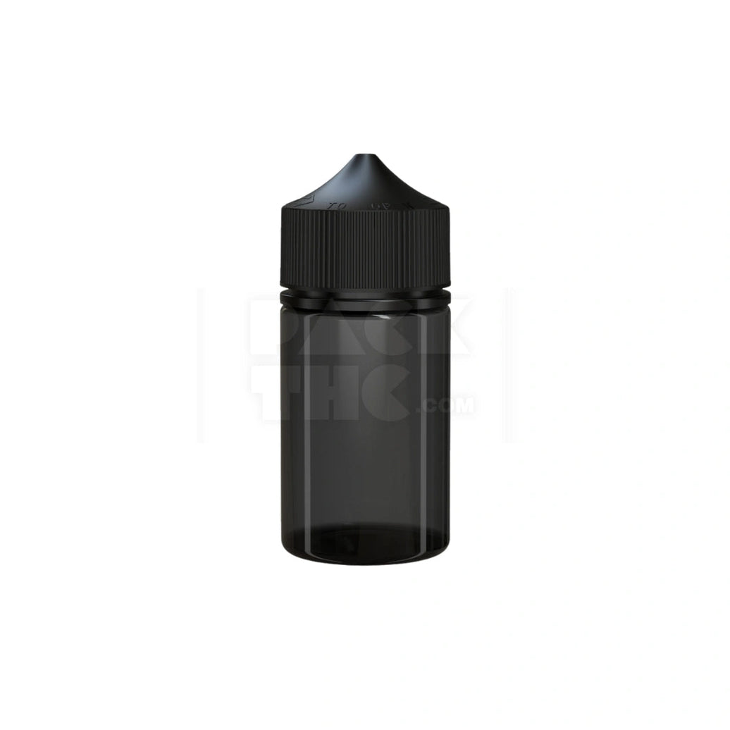 75ML STUBBY PET UNICORN BOTTLE WITH CR & TAMPER EVIDENT BREAK-OFF BAND (TRANSLUCENT BLACK BOTTLE WITH OPAQUE BLACK CLOSURE) - (500 count) Pack THC