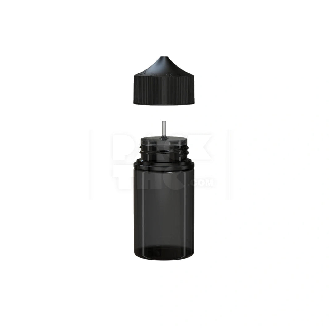 image 75ML STUBBY PET UNICORN BOTTLE WITH CR & TAMPER EVIDENT BREAK-OFF BAND (TRANSLUCENT BLACK BOTTLE WITH OPAQUE BLACK CLOSURE) - (500 count) Pack THC