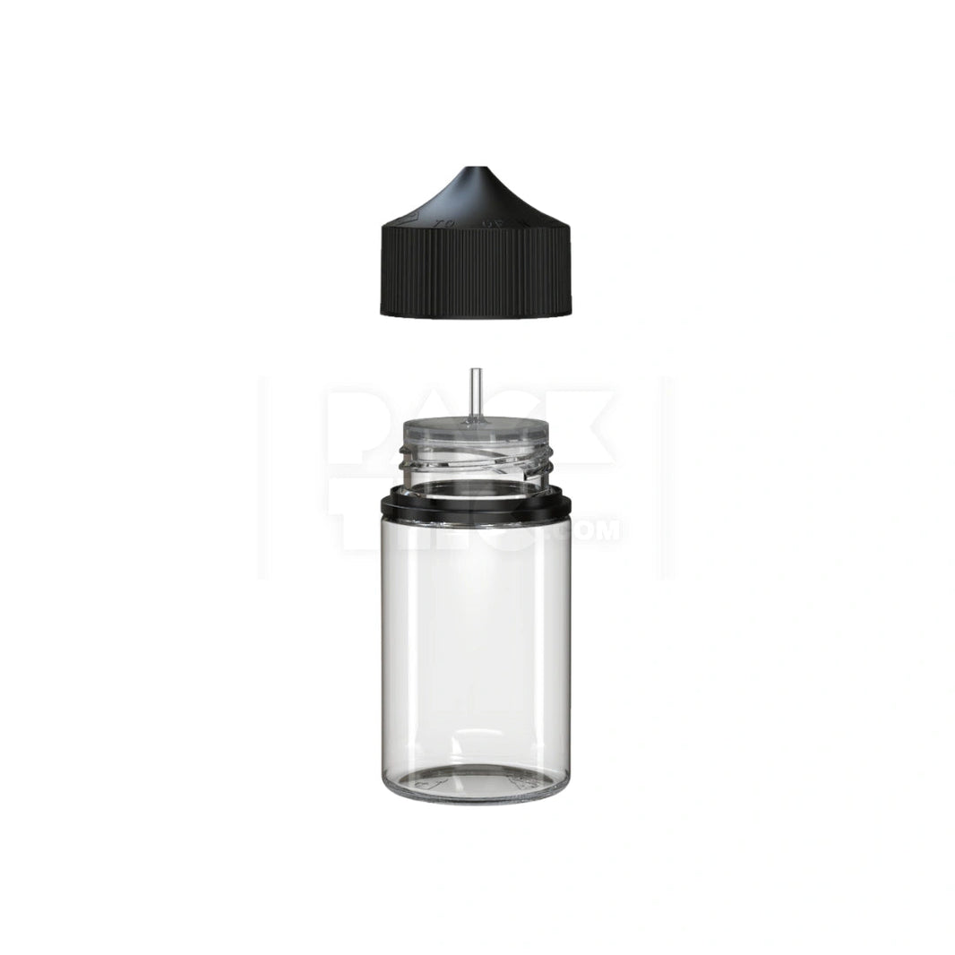image 75ML STUBBY PET UNICORN BOTTLE WITH CR & TAMPER EVIDENT BREAK-OFF BAND (CLEAR NATURAL BOTTLE WITH OPAQUE BLACK CLOSURE) - (500 count) Pack THC