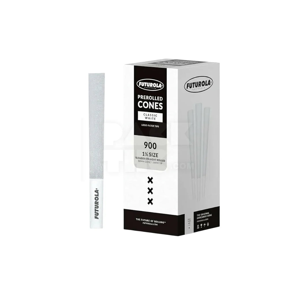 1 1/4 White Futurola Paper Cones (Branded) | Pre-Rolled – Bulk Case (900 Count)