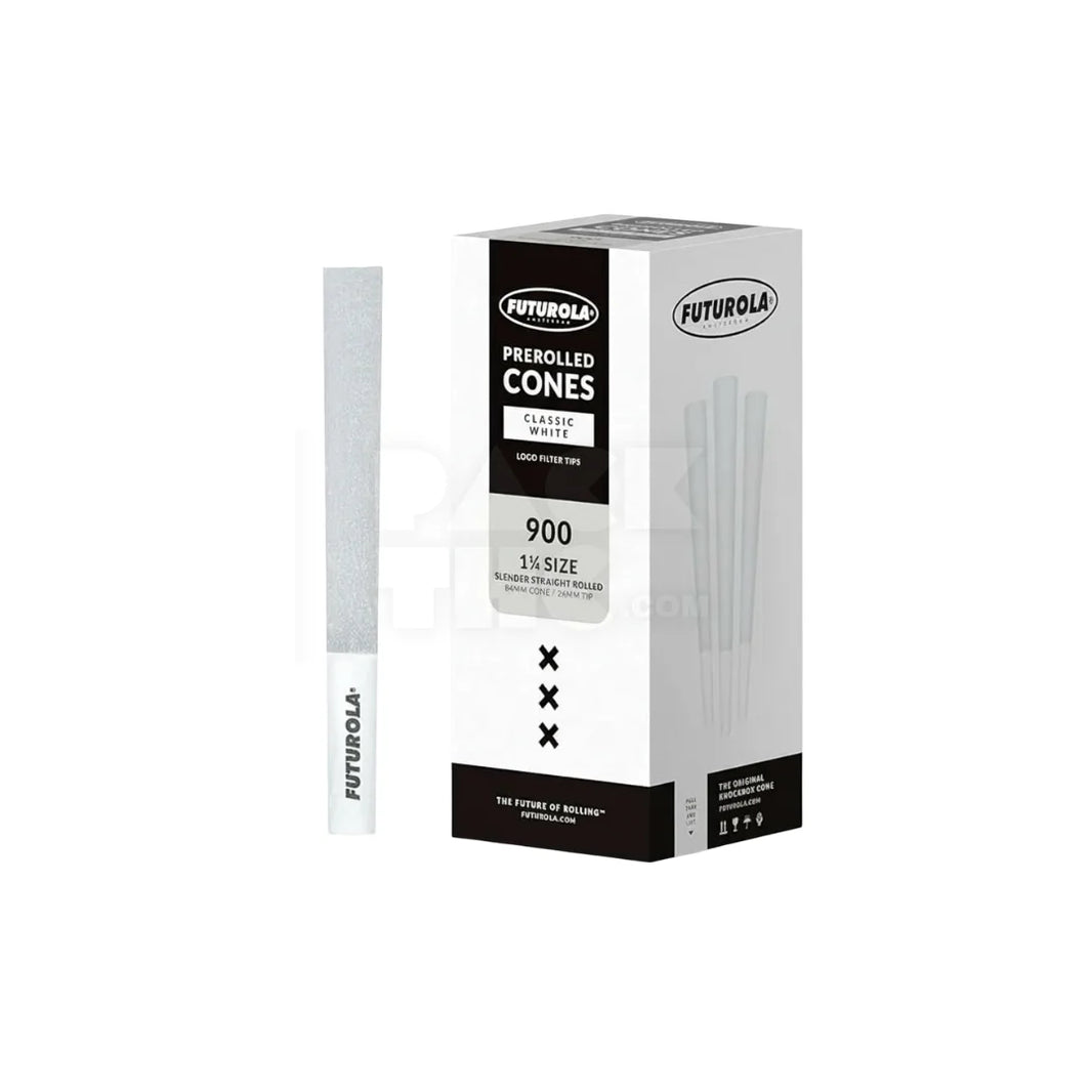 1 1/4 White Futurola Paper Cones (Branded) | Pre-Rolled – Bulk Case (900 Count)